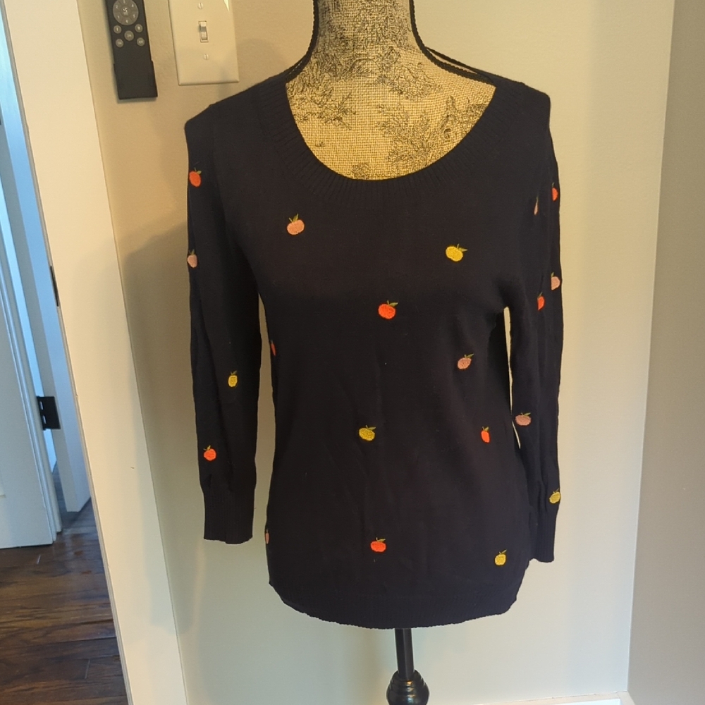 LOFT Navy Sweater with Colorful Fruit Accents